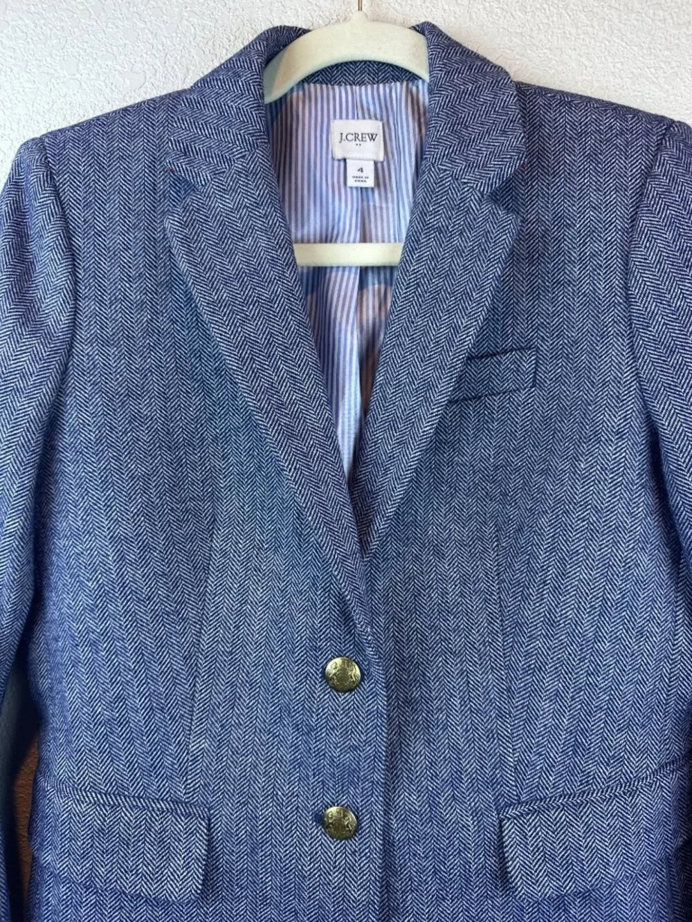 J.Crew Blue Herringbone Wool Blend Blazer Size 4 Gold Button Tailored Jacket - Picture 4 of 11
